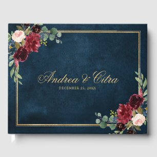 Burgundy Red Navy Floral Rustic Wedding guest book