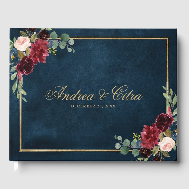 Burgundy Red Navy Floral Rustic Wedding guest book (Front)