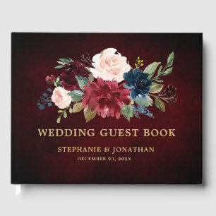 Burgundy Red Navy Floral Rustic Wedding guest book