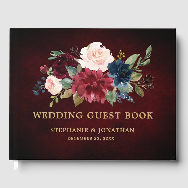 Burgundy Red Navy Floral Rustic Wedding guest book (Front)