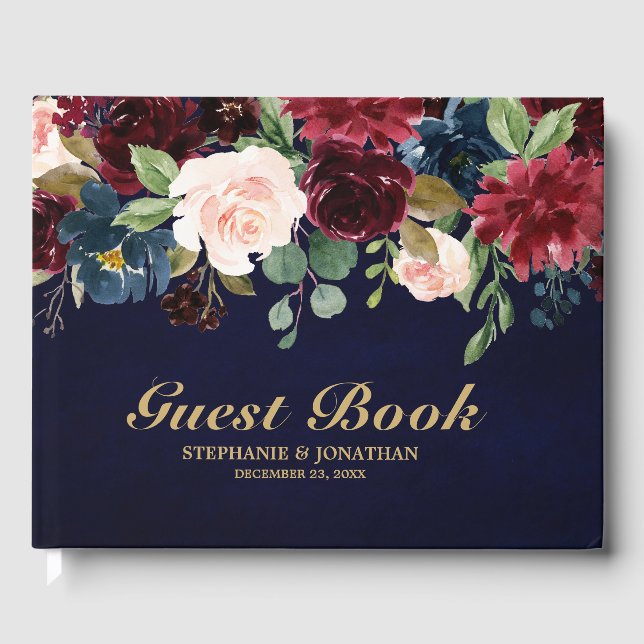 Burgundy Red Navy Floral Rustic Wedding guest book (Front)