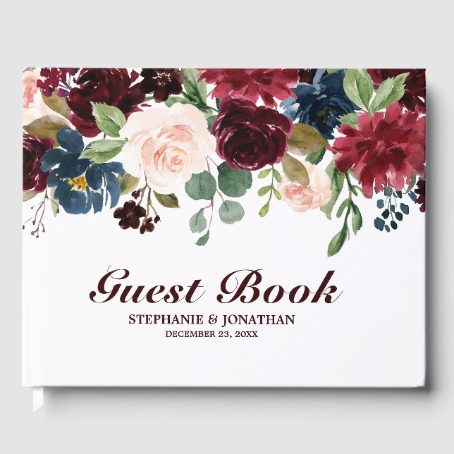 Burgundy Red Navy Floral Rustic Wedding guest book (Front)
