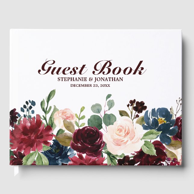 Burgundy Red Navy Floral Rustic Wedding guest book (Front)