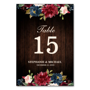 Burgundy Red Navy Floral wooden Boho Table Number