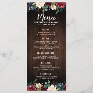 Burgundy Red Navy Floral Wooden Wedding Menu