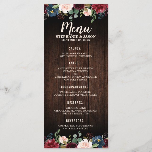 Burgundy Red Navy Floral Wooden Wedding Menu (Front)