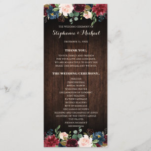 Burgundy Red Navy Floral wooden wedding Program Programme