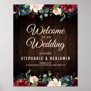 Burgundy Red Navy Floral Wooden Wedding Sign