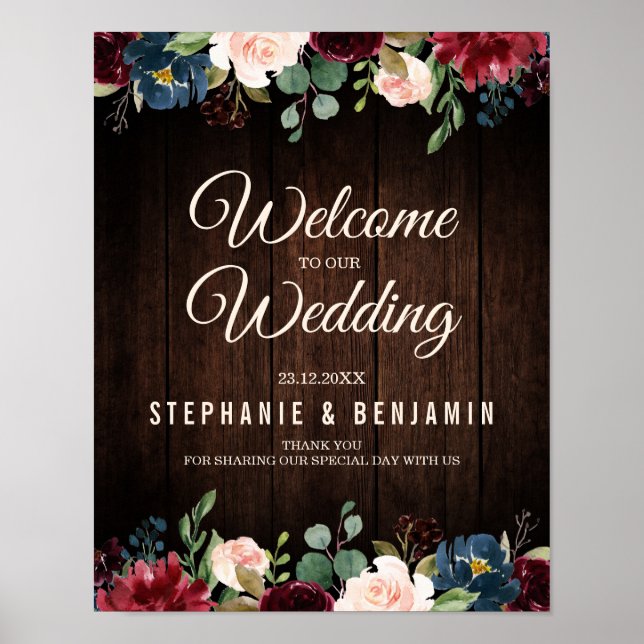 Burgundy Red Navy Floral Wooden Wedding Sign (Front)