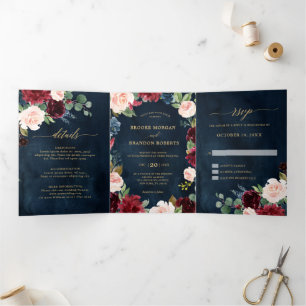 Burgundy Red Navy Gold Trifold Wedding Invitation
