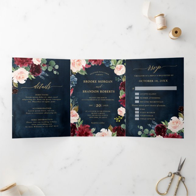 Burgundy Red Navy Gold Trifold Wedding Invitation (Inside)