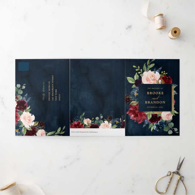 Burgundy Red Navy Gold Trifold Wedding Invitation (Outside)