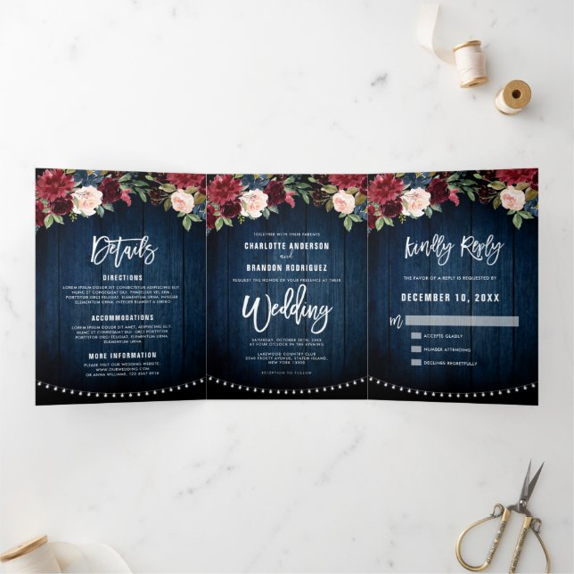 Burgundy Red Navy String Lights Trifold Wedding (Inside)