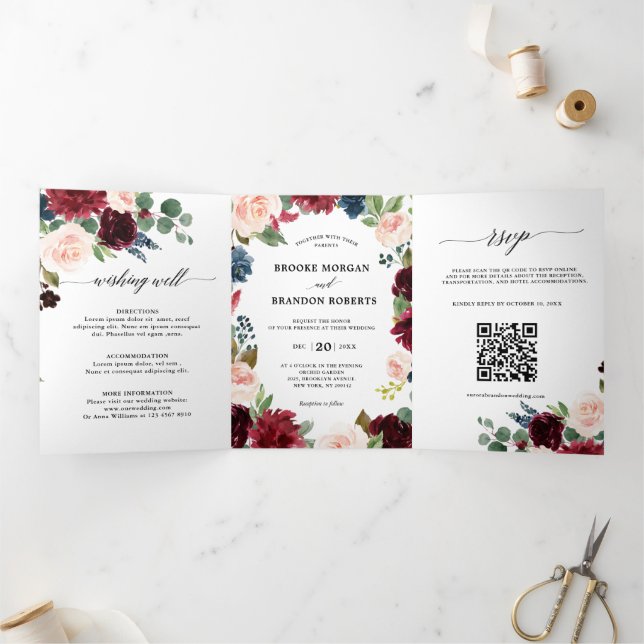 Burgundy Red Navy Trifold Wedding Invitation (Inside)