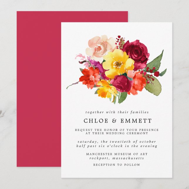 Burgundy Red Orange Yellow Pink Floral Wedding  Invitation (Front/Back)