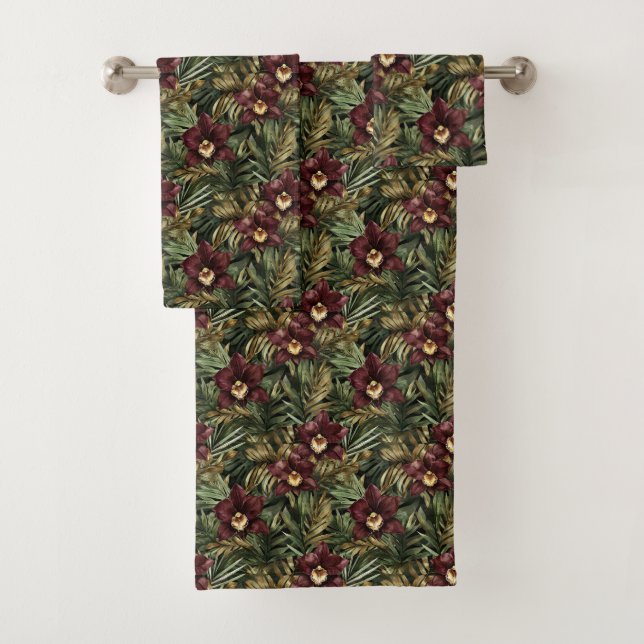 Burgundy Red Orchid Floral Tropical  Bath Towel Set (Insitu)
