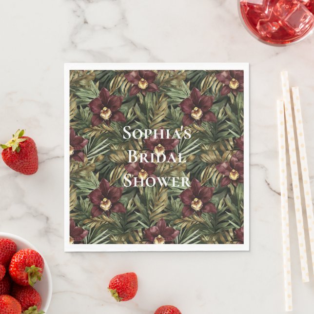 Burgundy Red Orchid Floral Tropical Bridal Shower Napkin (Insitu)