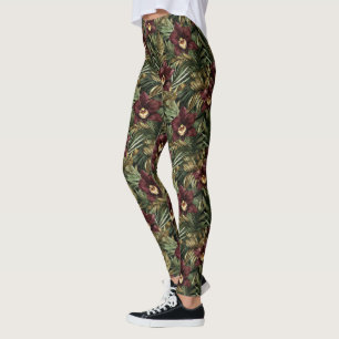 Burgundy Red Orchid Floral Tropical  Leggings