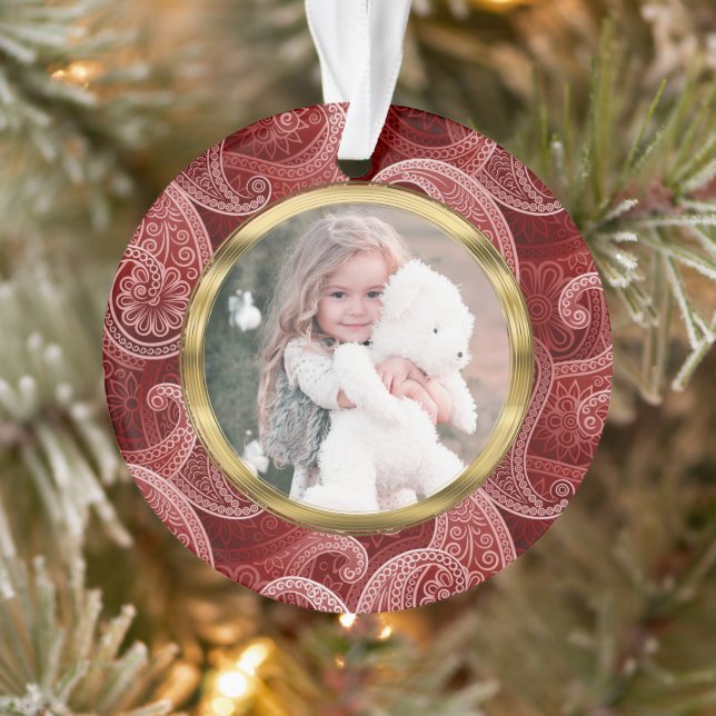 Burgundy Red Paisley Custom Photo and Text Ornament (Tree)