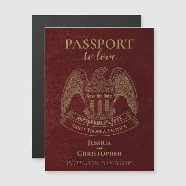 Burgundy Red Passport Wedding Cute Save the Date Magnetic Invitation (Front/Back)