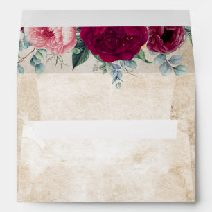 Burgundy Red Peonies and Roses Fall Wedding Envelope