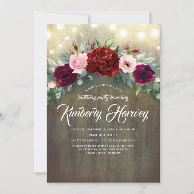 Burgundy Red Peony Garland Rustic Birthday Invitation (Front)
