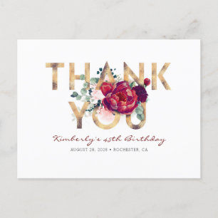 Burgundy Red Peony Gold Birthday Thank You Postcard