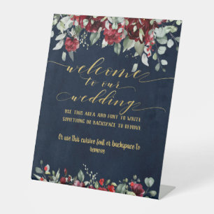 Burgundy Red Peony & Gold Fancy Font Calligraphy Pedestal Sign