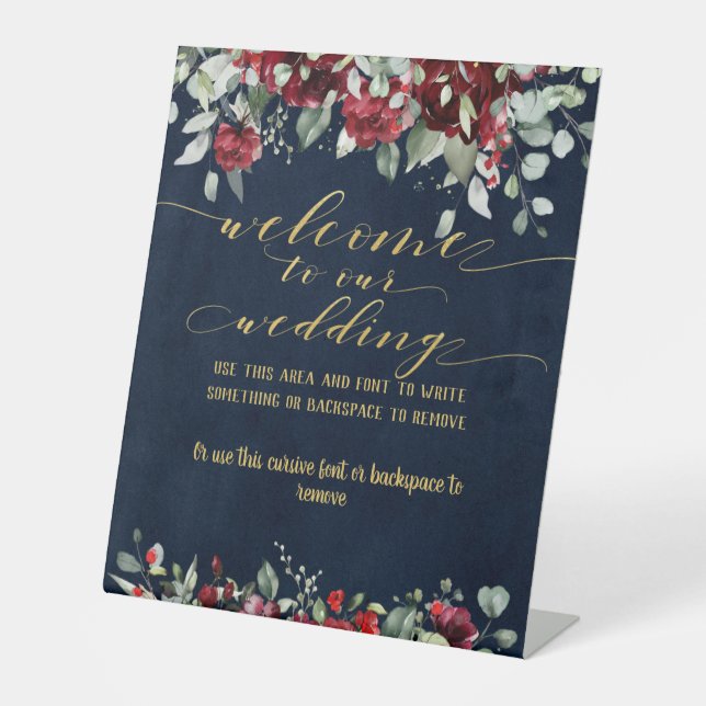 Burgundy Red Peony & Gold Fancy Font Calligraphy Pedestal Sign (Front)