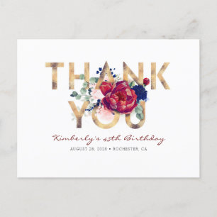Burgundy Red Peony Navy Blue Birthday Thank You Postcard