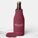 Burgundy Red Personalised Groomsmen Bottle Cooler<br><div class="desc">Add a personal touch to your wedding with personalised groomsmen bottle cooler. This bottle cooler features personalised groomsman's name with title and wedding date in white and monogram in light burgundy red as background, in classic serif font style, on burgundy red background. Also perfect for best man, father of the...</div>