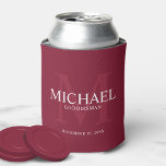 Burgundy Red Personalised Groomsmen Can Cooler<br><div class="desc">Add a personal touch to your wedding with personalised groomsmen can cooler. This can cooler features personalised groomsman's name with title and wedding date in white and monogram in light burgundy red as background, in classic serif font style, on burgundy red background. Also perfect for best man, father of the...</div>