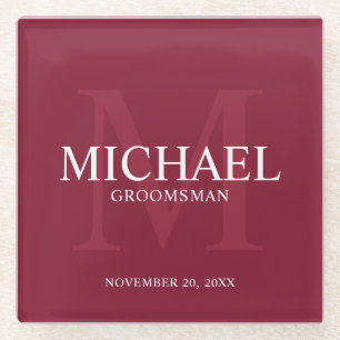 Burgundy Red Personalised Groomsmen Glass Coaster