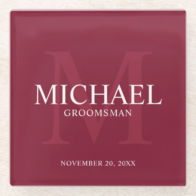 Burgundy Red Personalised Groomsmen Glass Coaster (Front)