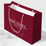 Burgundy Red Personalised Groomsmen Large Gift Bag<br><div class="desc">Add a personal touch to your wedding with personalised groomsmen gift bag. This gift bag features personalised groomsman's name with title and wedding date in white and monogram in light burgundy red as background, in classic serif font style, on burgundy red background. Also perfect for best man, father of the...</div>