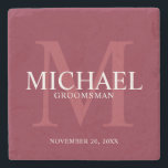 Burgundy Red Personalised Groomsmen Stone Coaster<br><div class="desc">Add a personal touch to your wedding with personalised groomsmen stone coaster. This coaster features personalised groomsman's name with title and wedding date in white and monogram in light burgundy red as background, in classic serif font style, on burgundy red background. Also perfect for best man, father of the bride,...</div>