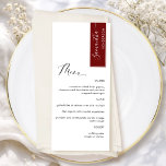 Burgundy Red Personalized with Guest Name Elegant Menu<br><div class="desc">Why spend in place cards and menu cards when you can have an elegant All-in-one elegant Menu personalized with each guest name! Contemporary, simple and elegant design with beautiful modern hand written calligraphy. Stripe on the top right corner in burgundy red with guest name in white. Back in same burgundy...</div>