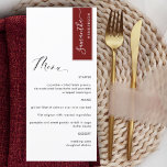 Burgundy Red Personalized with Guest Name Elegant Menu<br><div class="desc">Why spend in place cards and menu cards when you can have an elegant All-in-one elegant Menu personalized with each guest name! Contemporary, simple and elegant design with beautiful modern hand written calligraphy. Stripe on the top right corner in burgundy red with guest name in white. Back in same burgundy...</div>