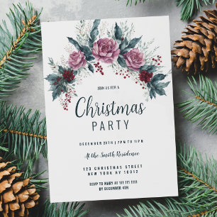 Burgundy red pink dirty blue Christmas floral Invitation
