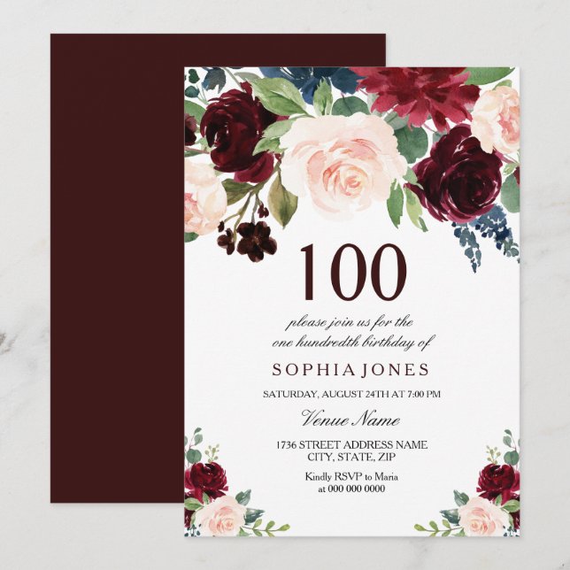 Burgundy Red Pink Floral 100th Birthday Party Invitation (Front/Back)