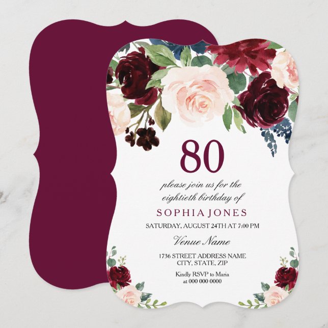 Burgundy Red Pink Floral 80th Birthday Party Invitation (Front/Back)