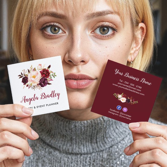 Burgundy Red Pink Floral Rustic Chic Personal Square Business Card (Creator Uploaded)