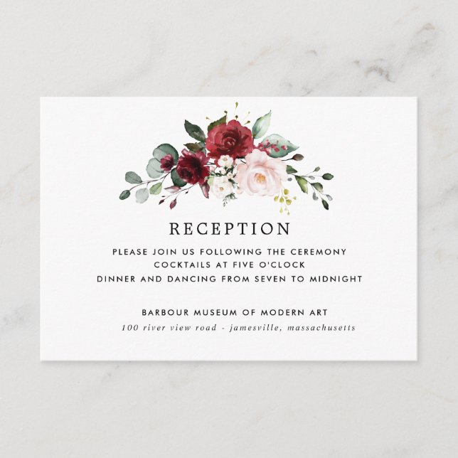 Burgundy Red Pink Floral Rustic Wedding Reception Enclosure Card (Front)
