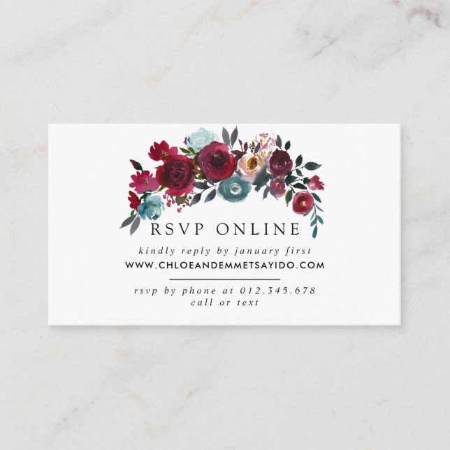 Burgundy Red Pink Floral Wedding Website RSVP Enclosure Card (Front)