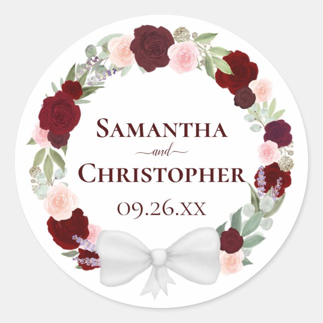 Burgundy Red & Pink Floral Wreath Wedding Classic Round Sticker (Front)