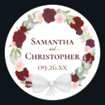 Burgundy Red & Pink Floral Wreath Wedding Classic Round Sticker<br><div class="desc">These elegant stickers are perfect as envelope seals or gift tags. they feature a rustic boho chic design with a wreath of hand painted watercolor garden botanicals including eucalyptus leaves and greenery as well as roses in shades of red, burgundy, and blush pink. The names of the couple and wedding...</div>