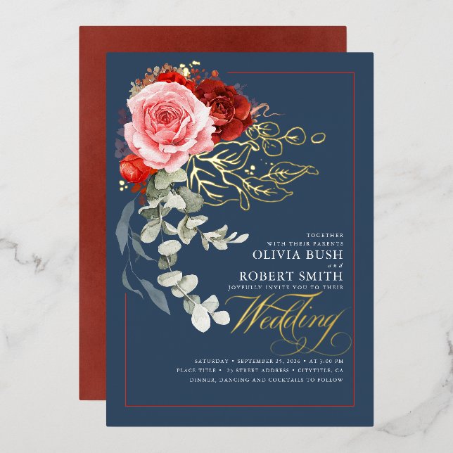 Burgundy Red Pink Flowers Boho Navy Blue Wedding (Front/Back)