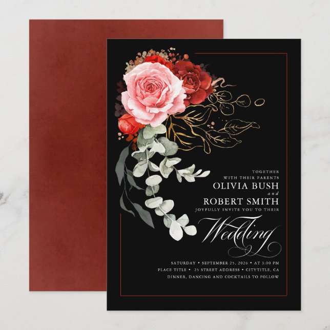 Burgundy Red Pink Flowers Eucalyptus Black Wedding Invitation (Front/Back)