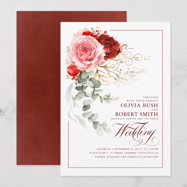 Burgundy Red Pink Flowers Eucalyptus Boho Wedding Invitation (Front/Back)