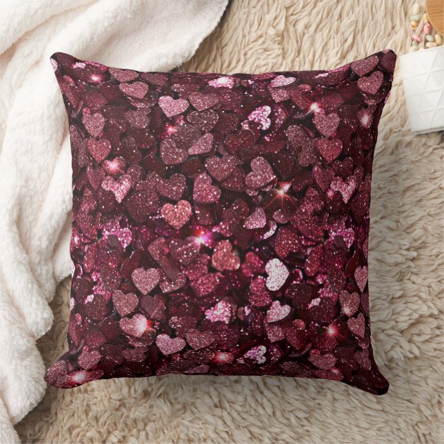 Burgundy Red Pink Glitter Hearts Cushion (Blanket)